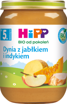 Słoiczek HiPP BIO Dynia z jabłkiem i indykiem, dla niemowląt od 5. miesiąca, etykieta z polami i owocami.