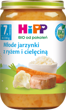 HiPP BIO słoik z warzywami, ryżem i cielęciną dla niemowląt po 7. miesiącu, front etykiety.