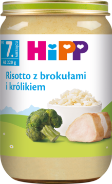 Słoiczek HiPP Risotto z brokułami i królikiem 220g, dla niemowląt po 7. miesiącu, widok z przodu.