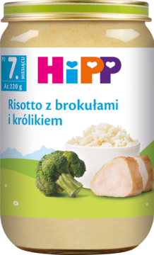 Słoiczek HiPP Risotto z brokułami i królikiem 220g, dla niemowląt po 7. miesiącu, widok z przodu.