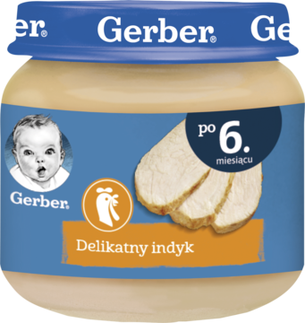 Słoiczek Gerber Delikatny indyk, dla dzieci po 6. miesiącu, niebieskie wieczko, z ilustracją bobasa i plasterków indyka.