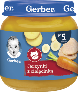Gerber słoiczek Warzywa z cielęcinką, obiadek bezglutenowy po 5. miesiącu, niebieska etykieta, widok z przodu.