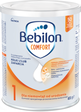 Bebilon Comfort 1, mleko dla niemowląt na kolki i zaparcia. Biała puszka, pomarańczowy spód, widok z przodu.
