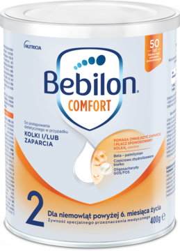 Bebilon Comfort 2, mleko modyfikowane dla niemowląt po 6. m-cu, na kolki i zaparcia, biało-pomarańczowa puszka z przodu.