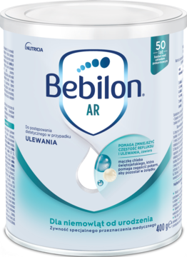 Bebilon AR, mleko modyfikowane dla niemowląt na ulewanie, biała puszka 400g z niebieskim logo, widok z przodu.