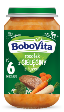 Słoik BoboVita z rosołkiem cielęcym i ryżem, po 6 miesiącu, z grafiką mięsa i warzyw na etykiecie.