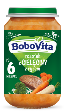 Słoik BoboVita z rosołkiem cielęcym i ryżem, po 6 miesiącu, z grafiką mięsa i warzyw na etykiecie.
