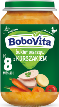 Słoik BoboVita Bukiet warzyw z kurczakiem dla niemowląt po 8 miesiącu, zielona etykieta, widok z przodu.
