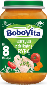 BoboVita obiadek dla niemowląt po 8 miesiącu, warzywa z delikatną rybą, w szklanym słoiczku, zielona etykieta.