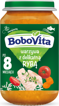 BoboVita obiadek dla niemowląt po 8 miesiącu, warzywa z delikatną rybą, w szklanym słoiczku, zielona etykieta.