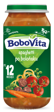 Słoik BoboVita spaghetti po bolońsku dla dzieci po 12 miesiącu, z zieloną etykietą i grafiką składników.
