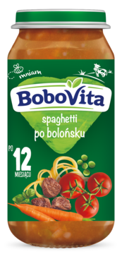 Słoik BoboVita spaghetti po bolońsku dla dzieci po 12 miesiącu, z zieloną etykietą i grafiką składników.