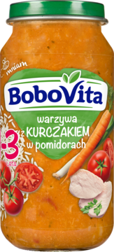 Słoiczek BoboVita, obiadek dla dzieci: warzywa z kurczakiem w pomidorach, z ilustracjami składników, wiek 3+, widok z przodu.