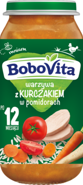 Słoiczek BoboVita warzywa z kurczakiem w pomidorach, zielona etykieta, warzywa i kurczak dla dzieci po 12 miesiącu.