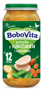 Słoiczek BoboVita: obiadek potrawka z kurczakiem, szpinakiem i warzywami, dla dzieci po 12 miesiącu, widok z przodu.