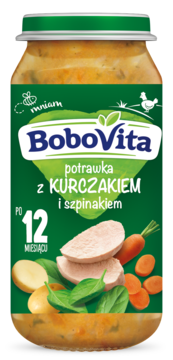 Słoiczek BoboVita: obiadek potrawka z kurczakiem, szpinakiem i warzywami, dla dzieci po 12 miesiącu, widok z przodu.
