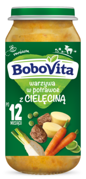Słoik BoboVita z obiadkiem warzywnym i cielęciną dla dzieci po 12 miesiącu, widoczne ziemniaki, marchew, groszek.