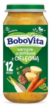 Słoik BoboVita z obiadkiem warzywnym i cielęciną dla dzieci po 12 miesiącu, widoczne ziemniaki, marchew, groszek.