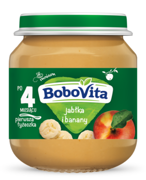 Słoiczek przecieru BoboVita jabłka i banany, dla niemowląt od 4 miesięcy, zielona nakrętka, widok z przodu.