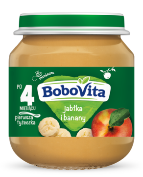 Słoiczek przecieru BoboVita jabłka i banany, dla niemowląt od 4 miesięcy, zielona nakrętka, widok z przodu.