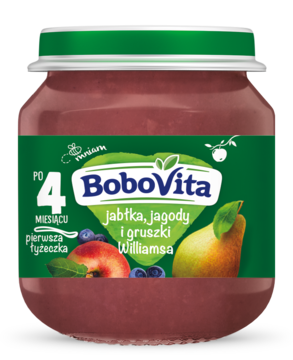 Słoiczek purpurowego przecieru BoboVita jabłka, jagody, gruszki Williamsa, z zieloną nakrętką, widok z przodu.