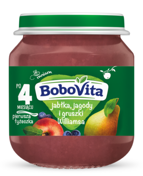 Słoiczek purpurowego przecieru BoboVita jabłka, jagody, gruszki Williamsa, z zieloną nakrętką, widok z przodu.