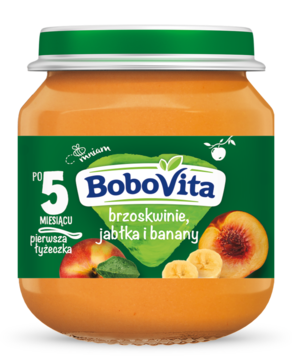 Deser owocowy BoboVita brzoskwinia, jabłko, banan w szklanym słoiczku z zieloną nakrętką, widok z przodu.
