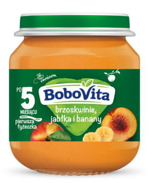 Deser owocowy BoboVita brzoskwinia, jabłko, banan w szklanym słoiczku z zieloną nakrętką, widok z przodu.