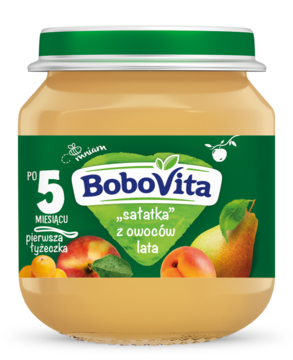 BoboVita Przecier Sałatka z owoców lata dla 5M+ niemowląt. Szklany słoik z zieloną etykietą, widok z przodu.