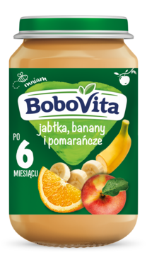 Słoiczek BoboVita musem jabłka, banany, pomarańcze, dla niemowląt po 6 mies., zielona etykieta, widok z przodu.