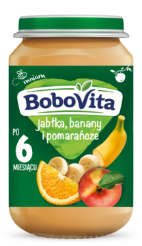 Słoiczek BoboVita musem jabłka, banany, pomarańcze, dla niemowląt po 6 mies., zielona etykieta, widok z przodu.