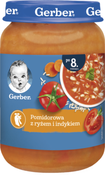 Słoiczek Gerber: Pomidorowa z ryżem i indykiem dla dzieci po 8. miesiącu, niebieska etykieta, widok z przodu.