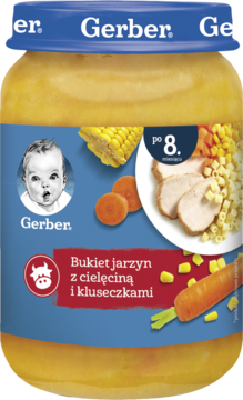 GERBER ,danie w słoiczku, Bukiet jarzyn z cielęciną i kluseczkami, po 8.m-cu,przód