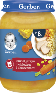 Gerber Bukiet jarzyn z cielęciną i kluseczkami, słoiczek dla niemowląt po 8. miesiącu, widok z przodu.