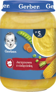 Gerber Zupka Jarzynowa z cielęcinką, słoiczek dla niemowląt po 5. miesiącu, widok przodu z warzywami.