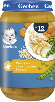 Słoiczek Gerber Warzywa z kurczakiem i kaszą, 12m+, niebieska nakrętka, etykieta z daniem, widok z przodu.