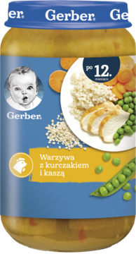 Słoiczek Gerber Warzywa z kurczakiem i kaszą, 12m+, niebieska nakrętka, etykieta z daniem, widok z przodu.