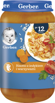 Gerber Risotto z indykiem i warzywami, posiłek dla dzieci po 12 miesiącu, w szklanym słoiczku, widok frontalny.