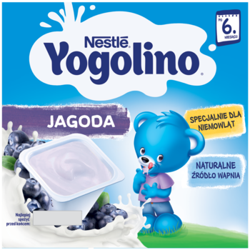 Nestle Yogolino Jagoda, niebieskie opakowanie z otwartym deserkiem mleczno-owocowym dla maluszków po 6. m-cu.
