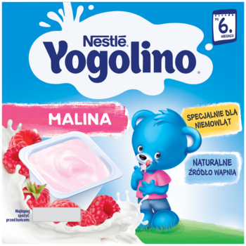 Front niebieskiego opakowania Nestlé Yogolino Malina dla niemowląt, z różowym jogurtem, świeżymi malinami i misiem.