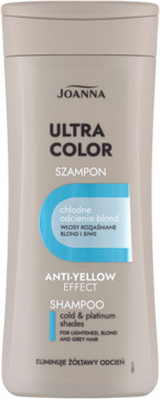 JOANNA Ultra Color ,szampon do włosów rozjaśnianych i siwych, eliminujący żółtawy odcień, Chłodne Odcienie Blond, niebieski,przód