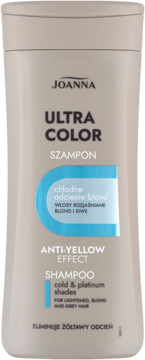 Joanna Ultra Color Szampon Anti-Yellow Effect, beżowa butelka. Neutralizuje żółty odcień włosów blond i siwych.