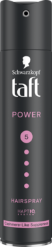 Czarny lakier Schwarzkopf Taft Power 5 Hairspray dla miękkości kaszmiru, front, widoczne różowe detale.