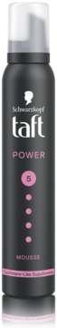Schwarzkopf Taft Power Mousse w czarnej butelce z różowymi akcentami, utrwalenie 5, widok z przodu.