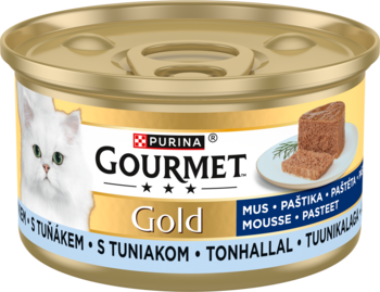 Złota puszka karmy Purina Gourmet Gold Mus z tuńczykiem dla kota, widok z przodu, biały kot na etykiecie.