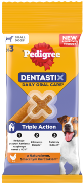 Pedigree Dentastix Daily Oral Care dla małych psów, żółto-fioletowe opakowanie z kurczakiem, potrójne działanie.