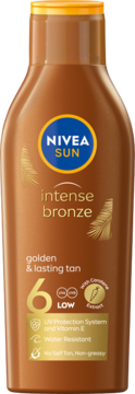 NIVEA SUN Intense Bronze SPF 6 karotenowy balsam do opalania w brązowej butelce, widok z przodu, zapewnia złotą opaleniznę.