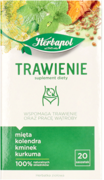 Zielone opakowanie herbatki Herbapol Trawienie z miętą, kolendrą i kurkumą. Wspomaga trawienie, 20 saszetek.