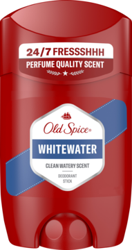Czerwony dezodorant Old Spice Whitewater, widok z przodu, z białą etykietą i napisem "Clean Watery Scent".