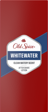 Old Spice Whitewater After Shave Lotion, czerwone pudełko z białą etykietą i napisem Clean Watery Scent, widok z przodu.